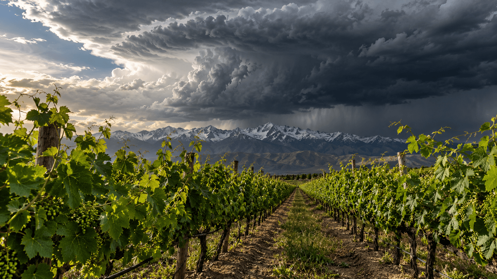 Tormenta sobre la cordillera de los Andes avanzando hacia un viñedo en espaldera en Mendoza